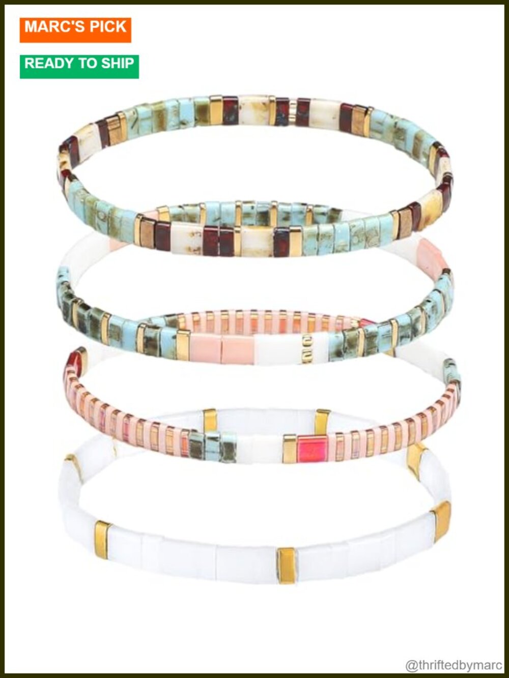 4 Pc Flat Beaded Stretch Glass Bohemian Bracelets for Women Retro Stackable